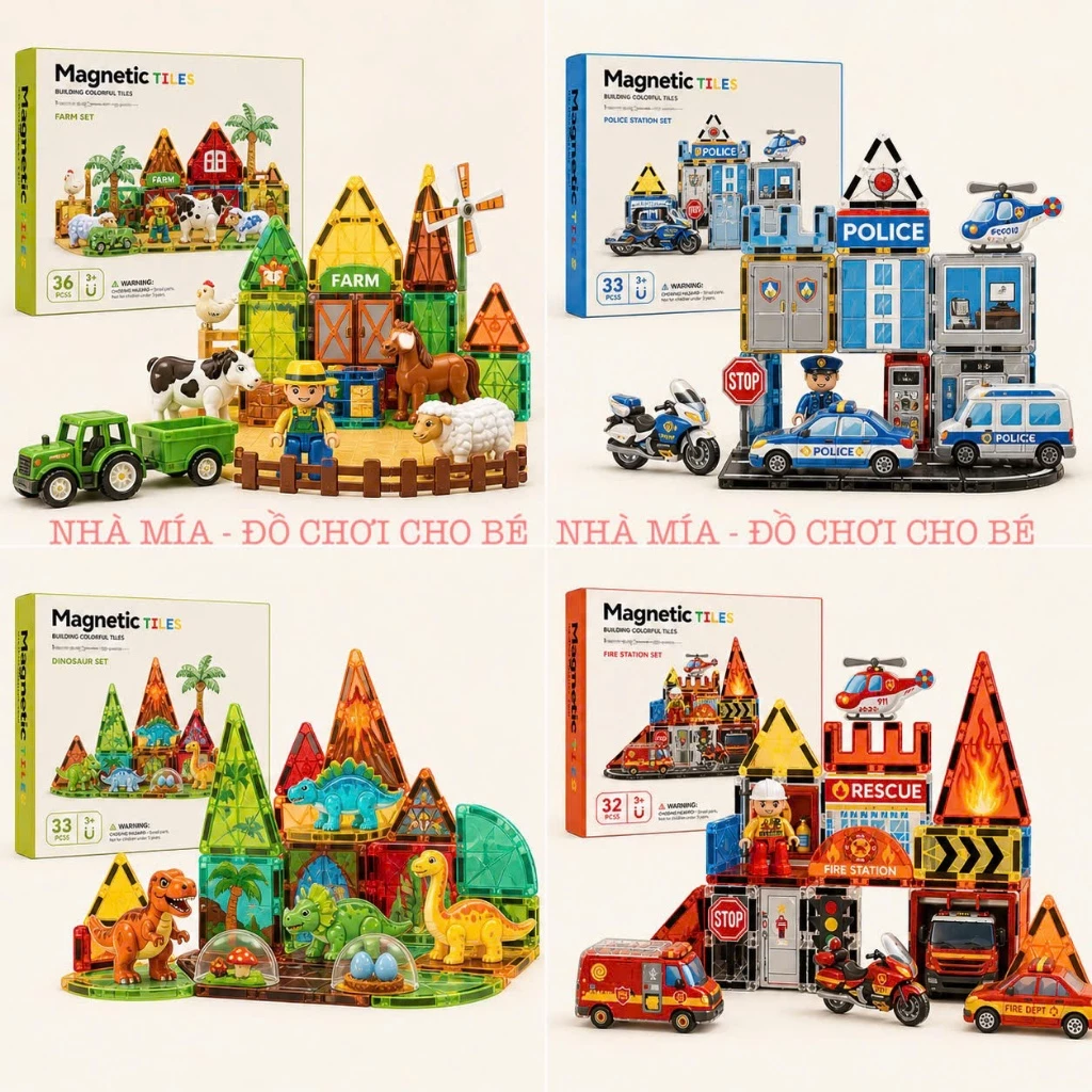 Xếp Hình Nam Châm Cầu Vồng Magnetic Tiles Xuất Âu Bản Cải Tiến Tiệm Nhà Mía Nhiều Mẫu Fire, Animal, Police, Dino Cho Bé
