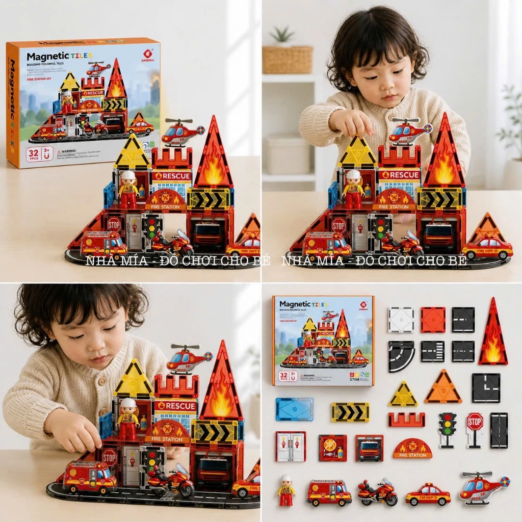 Bộ Xếp Hình Nam Châm Magnetic Tiles Cho Bé Tiệm Nhà Mía Bản Cải Tiến Xuất Âu Nhiều Chủ Đề Fire, Police, Animal, Dino