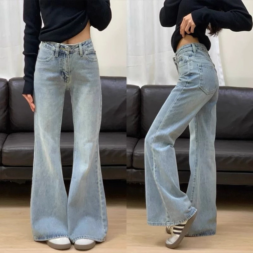 Quần jean loe Molios ống xanh nhạt siêu chất, quần bò loe xanh mài nữ cạo cao hack dáng trendy thời trang hàn quốc