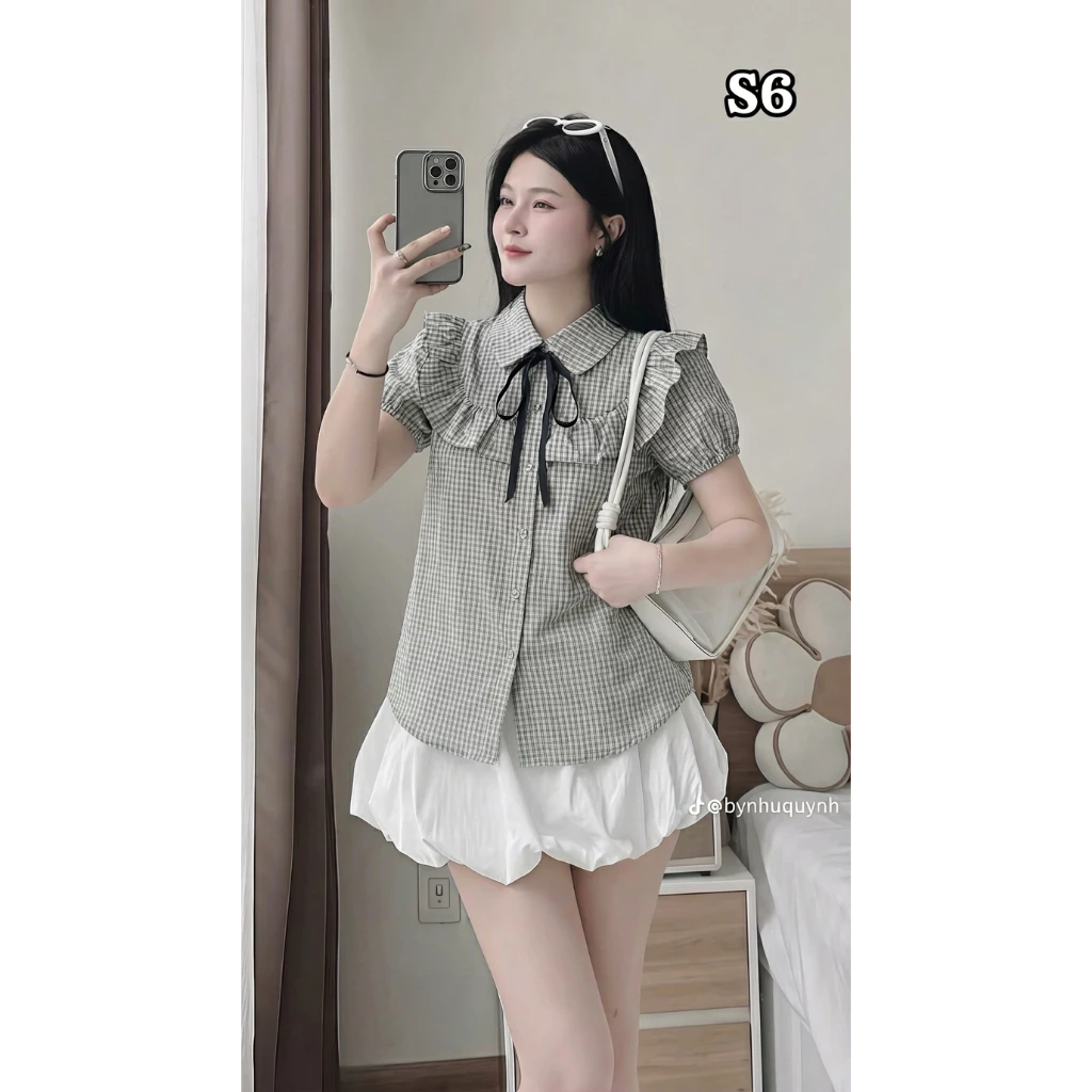 Áo sơ mi kẻ caro đen cổ buộc dây nơ, vai bồng chất liệu cao cấp thích hợp đi đi chơi đi làm Y33