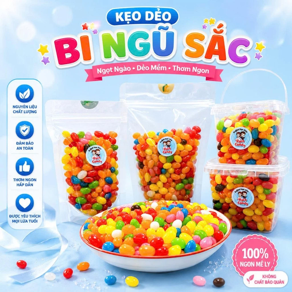 Kẹo Dẻo Bi Ngũ Sắc, Mix Nhiều Vị, Vị Ngọt Trái Cây Tự Nhiên, Thơm Ngon, Kẹo Đóng Xô, Túi Zip