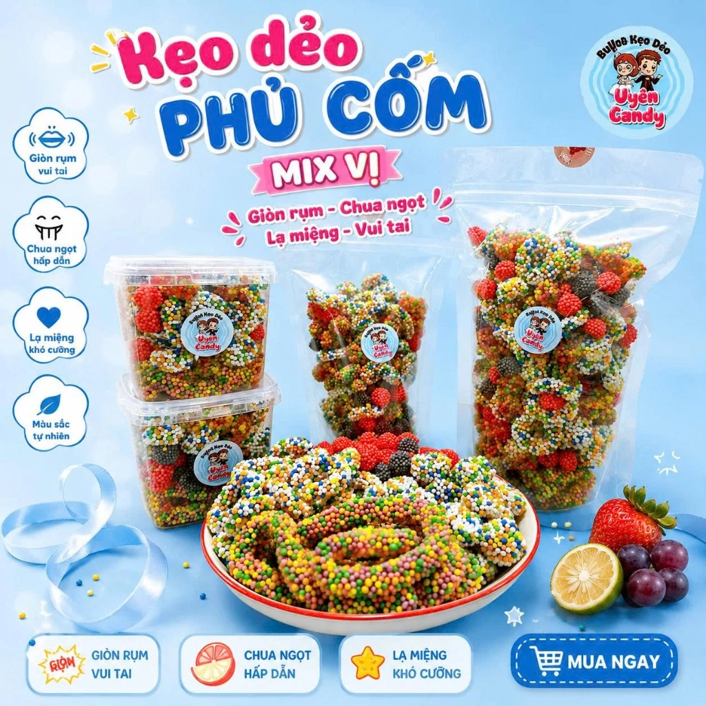Kẹo Dẻo Bọc Cốm - Vị Chua Ngọt Hài Hòa, Mix Nhiều Vị, Lựa Chọn Theo Sở Thích, Trang Trí Bánh Kem
