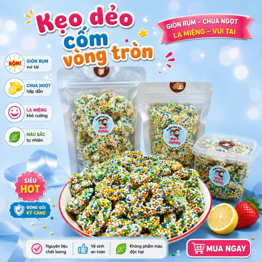 Kẹo Dẻo Cốm Vòng Tròn, Lớp Cốm Giòn Rùm Ăn Rất Lạ Miệng, Ăn Vặt, Bánh Kẹo Tết 2027