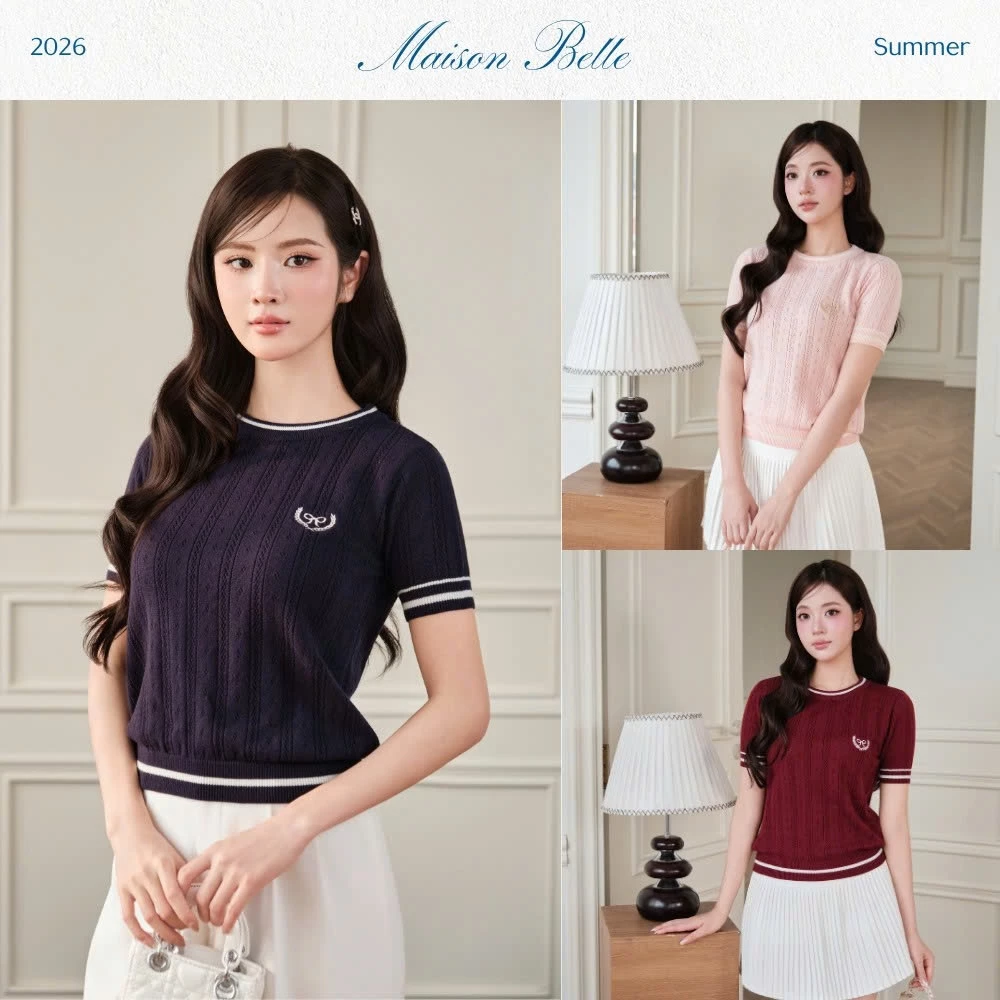 DELIZ - Áo len nữ ngắn tay cổ tròn dệt đục lỗ thoáng khí phối nơ trẻ trung thanh lịch ALC607 DELIZ