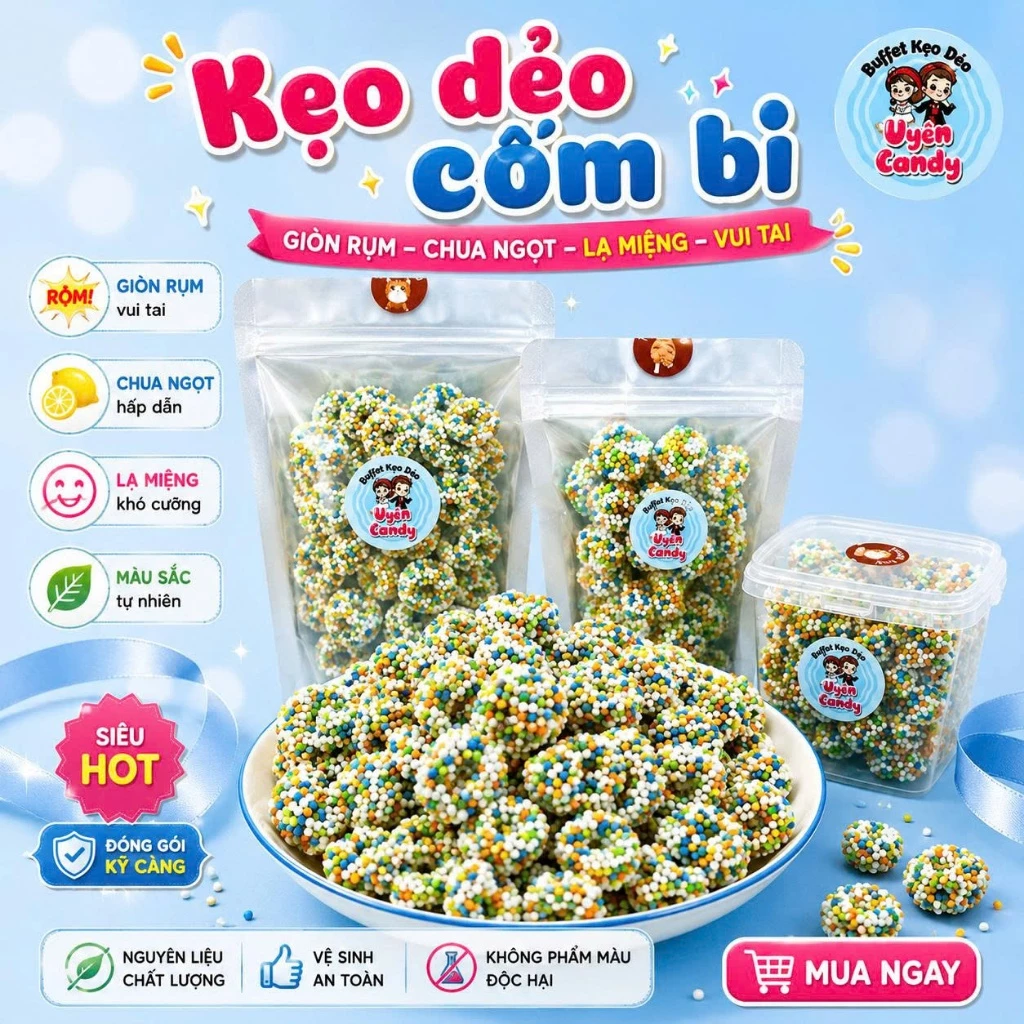 Kẹo Dẻo Cốm Bi, Lớp Cốm Giòn Rùm Ăn Rất Lạ Miệng, Trang Trí Bánh Kem, Ăn Vặt, Bánh Kẹo Tết 2026