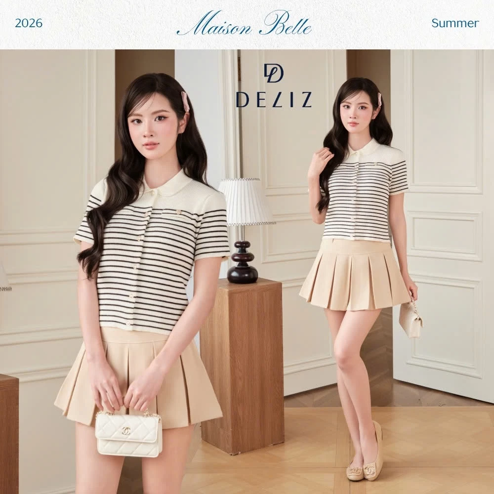 DELIZ - Áo polo len nữ cộc tay dệt gân kẻ ngang phối cúc, áo len lông thỏ mùa hè cao cấp Hàn Quốc PL309