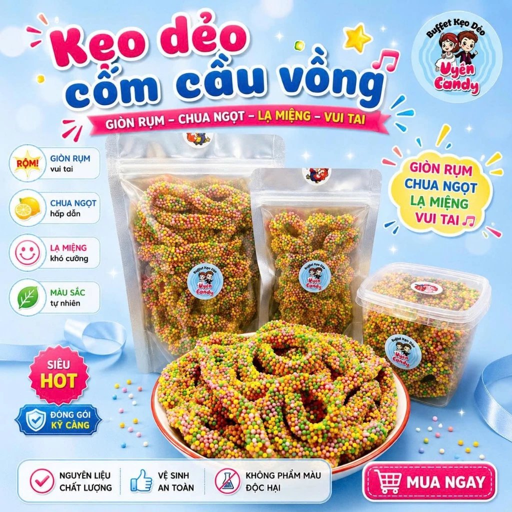 Kẹo Dẻo Bọc Cốm Cầu Vồng, Giòn Rụm - Vị Thiên Chua, Trang Trí Bánh Kem, Ăn Vặt, Bánh Kẹo Tết 2026