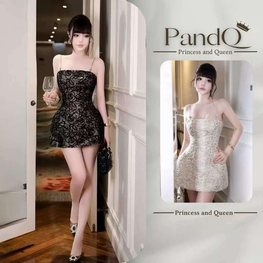 Đầm hai dây dự tiệc P&Q dáng ngắn xòe phồng ren sang trọng họa tiết hoa | vd0130