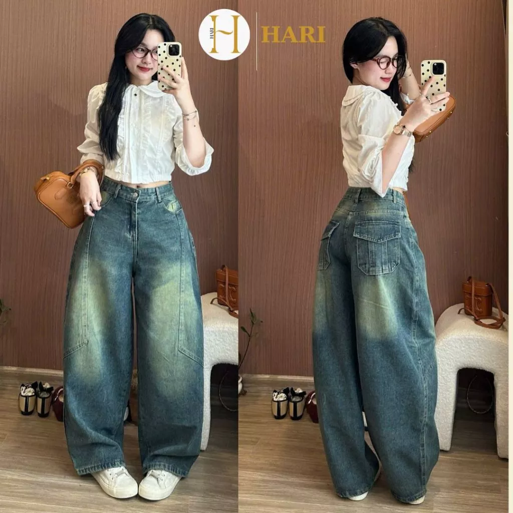Quần Jean Hari ống cong rộng phối line tôn dáng Curved Leg Brown Line