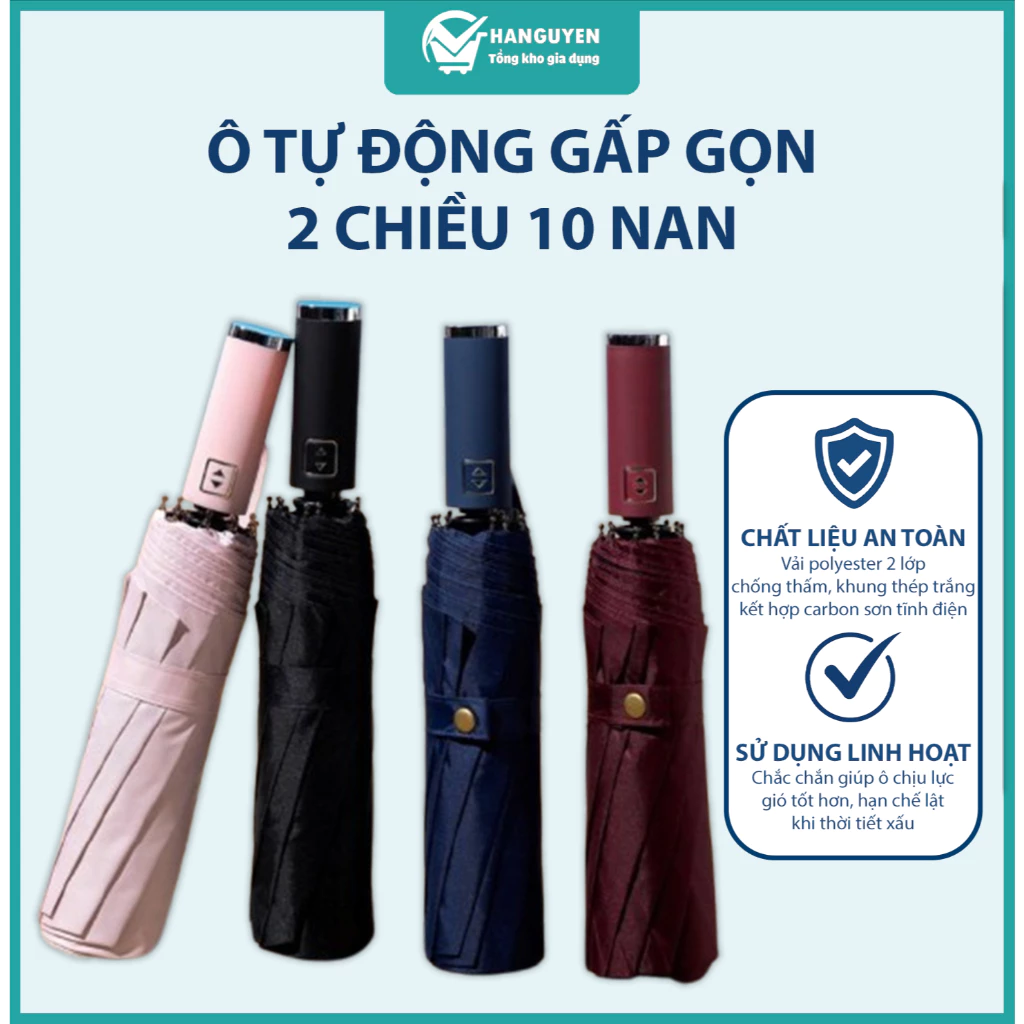 Ô dù gấp gọn tự động 2 chiều 10 nan chống lật, đóng mở thông minh nhiều màu sắc