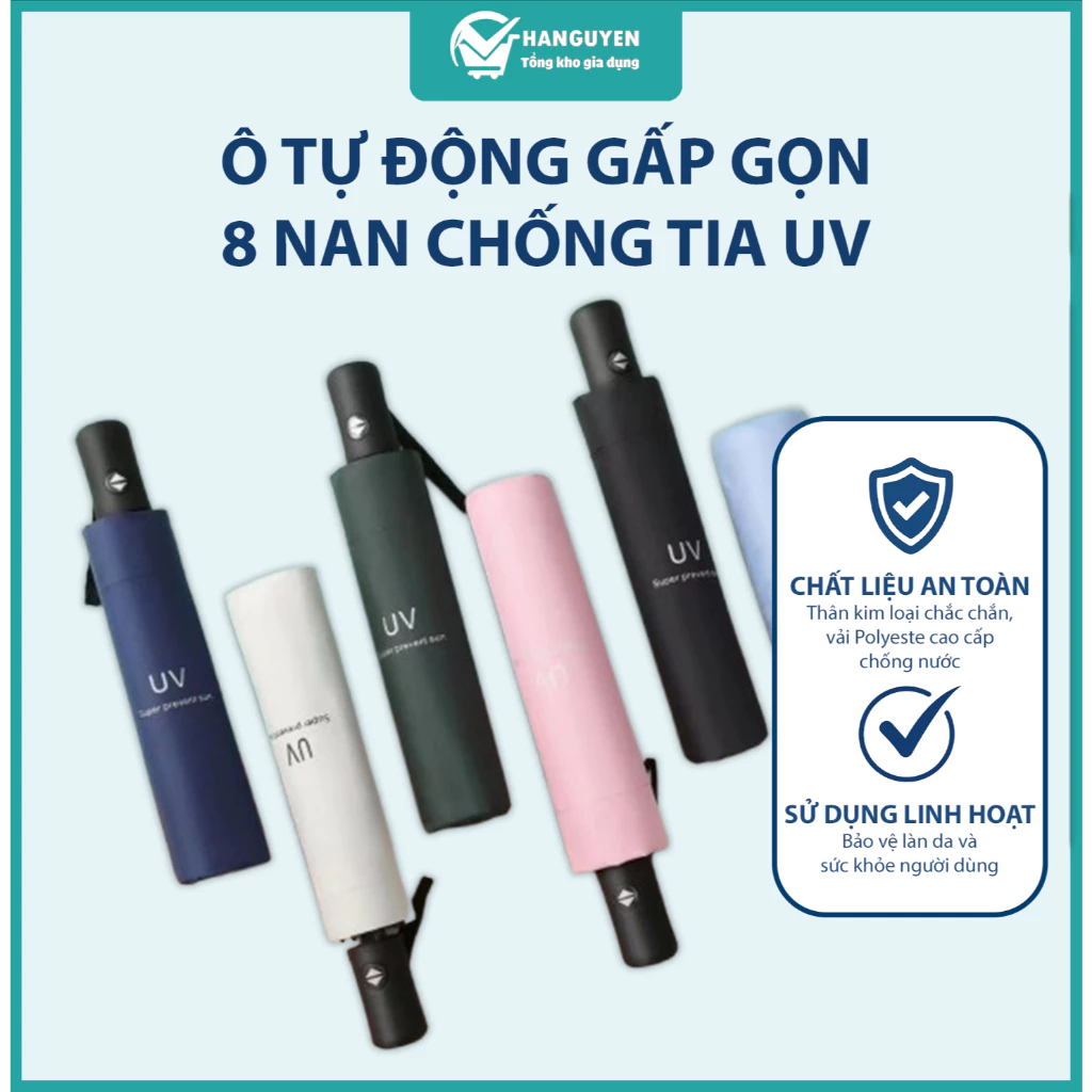 Ô gấp gọn 8 nan chống tia UV tán rộng che nắng mưa thiết kế tiện lợi nhiều màu sắc đa dạng