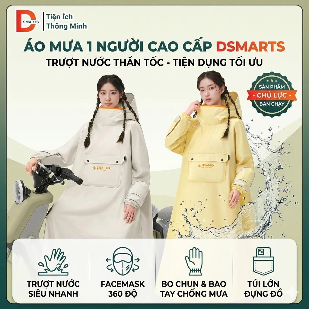 Áo Mưa 1 Người Cao Cấp DSMARTS, Thiết Kế Ống Tay Bo Chun Kèm Bao Tay Che Mưa Trượt Nước Siêu Nhanh