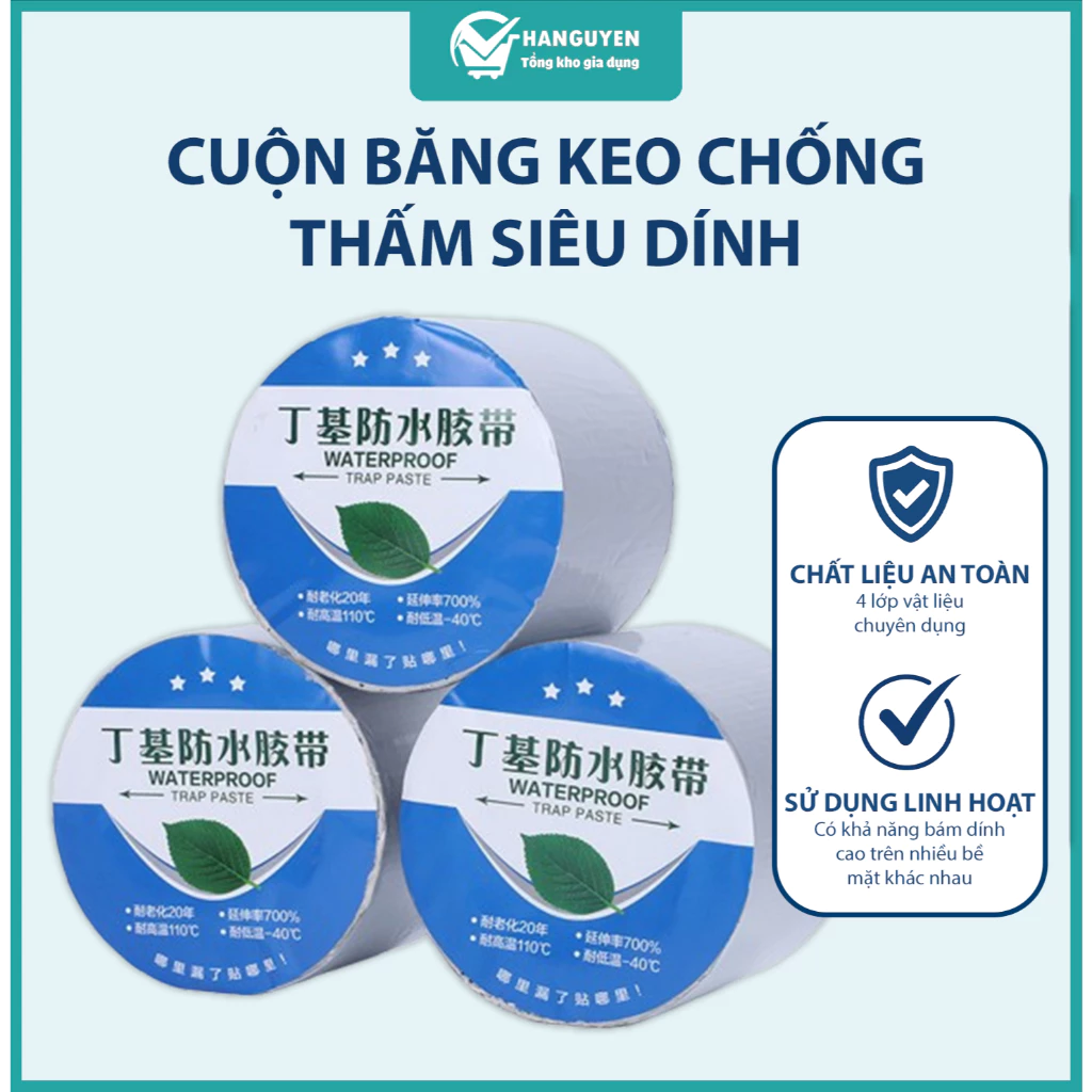 Cuộn băng keo chống thấm 5*5m, 10*5m, 20*5m siêu dính dán kín khe hở ngăn nước rò rỉ hiệu quả
