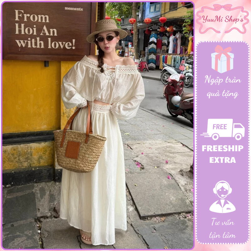 Set Đầm Trắng Dài Trễ Vai Phối Ren Phong Cách Boho Nàng Thơ - Váy Maxi Trắng Chất Đũi Đi Biển HCOM27256