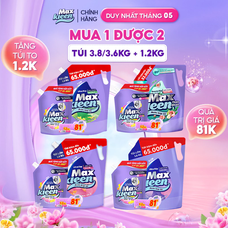 [LIVE] [MUA 1 TẶNG 1] Túi Nước Giặt Xả MaxKleen 3.8kg/ 3.6kg + Túi Nước Giặt Xả 1.2kg Mùi ngẫu nhiên