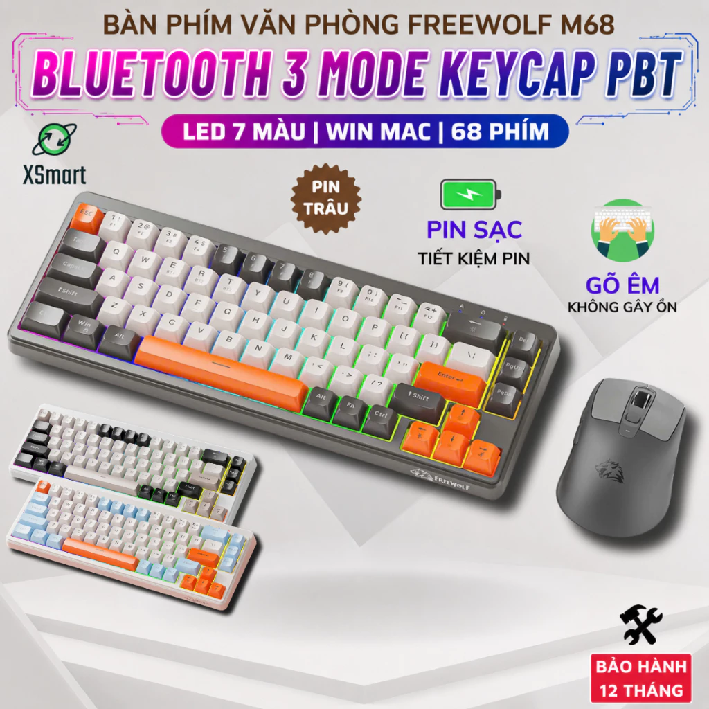 Bộ Bàn Phím Và Chuột Bluetooth FreeWolf M68 LED Pro Gõ Siêu Êm Pin Sạc Keycap PBT Cho PC Lap
