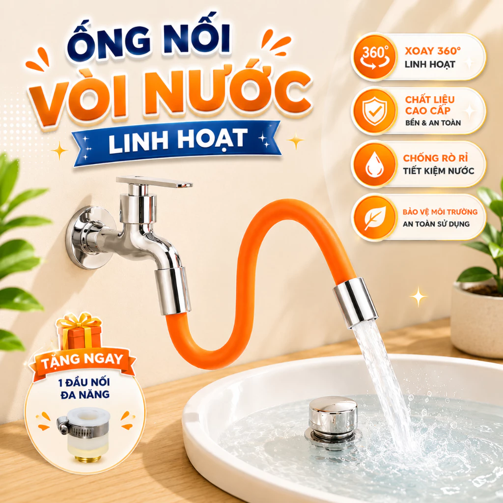 Ống nối vòi nước linh hoạt xoay 360 theo mọi hướng, vòi nước dài 20/30/50cm tặng kèm nối đa năng