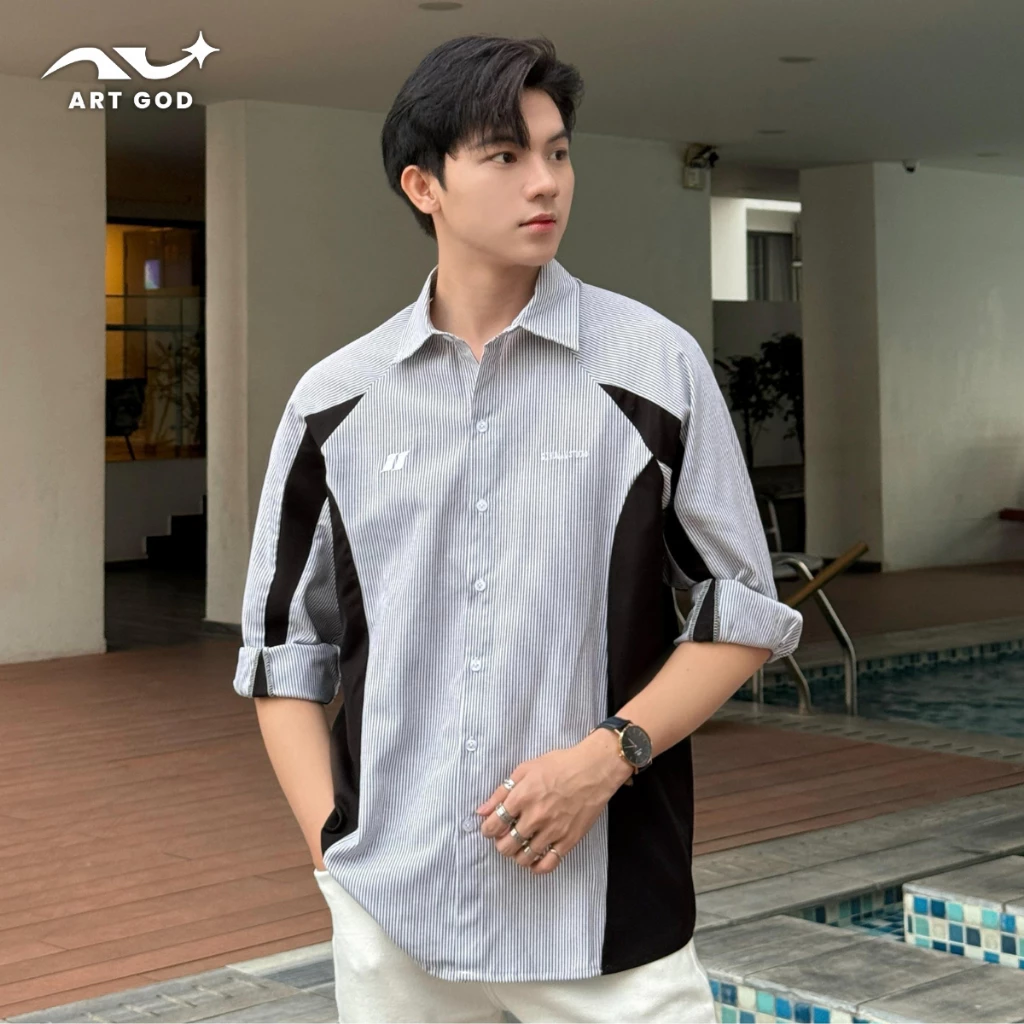 ARTGOD - Áo sơ mi Unisex nam nữ dài tay oxford kẻ sọc phối line Boiz HM1115