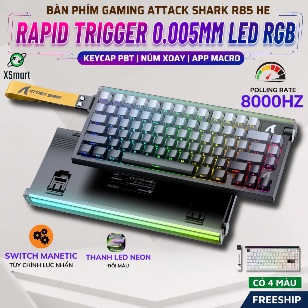 Bàn Phím Gaming Attack Shark R85 HE Switch Từ Tính, Rapid Trigger 0.005mm, 8KHz, LED RGB Neon Box