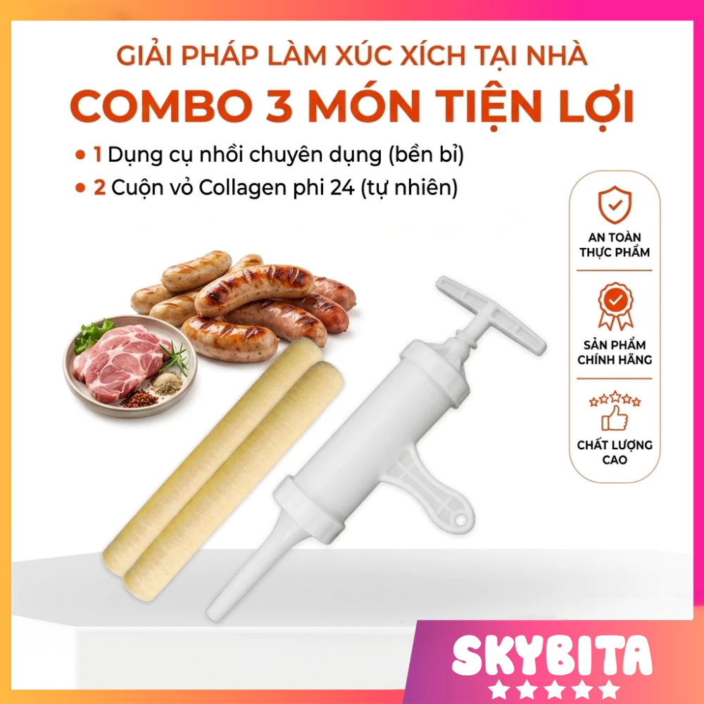 Combo 2 món (bộ nhồi + 2 cuộn vỏ collagen) làm xúc xích, làm lạp xưởng, làm trứng nướng kiểu Thái