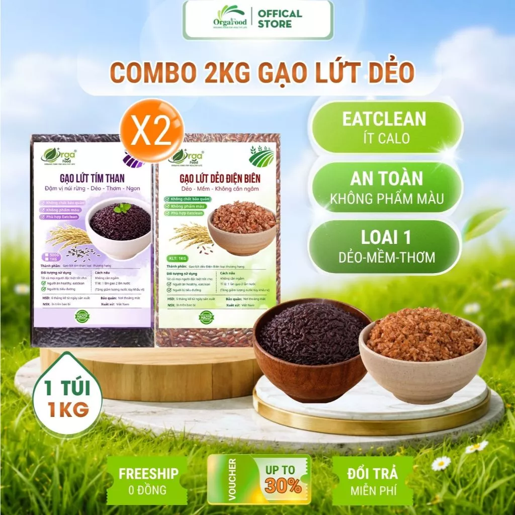Combo 2Kg Gạo lứt dẻo Điện Biên Orgafood EAT CLEAN healthy giảm cân cho người ăn kiêng túi hút chân không