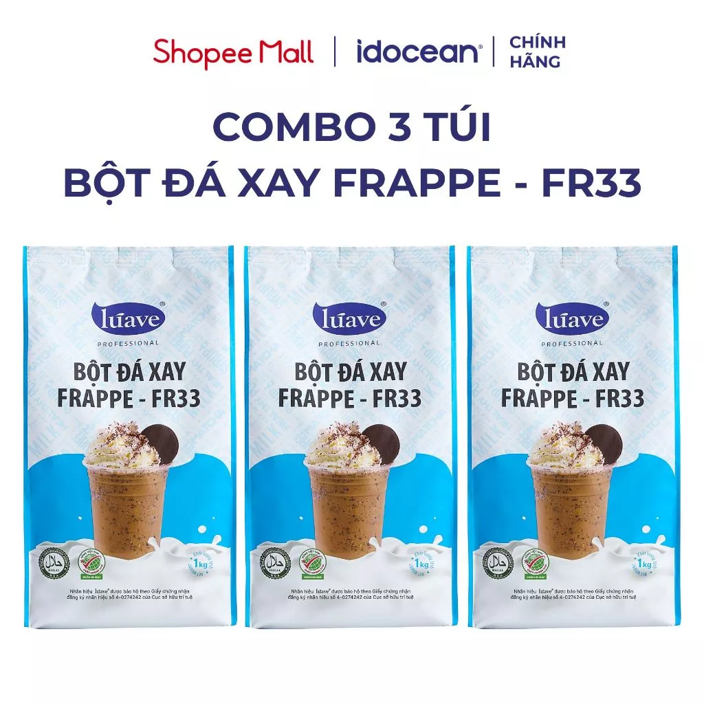 Combo 3 Túi Bột Đá Xay Frappe FR33 Lúave 1kg - Bột Pha Chế Các Món Đá Xay Có Sữa, Làm Kem Dẻo, Chống Phân Tầng, Tách Lớp