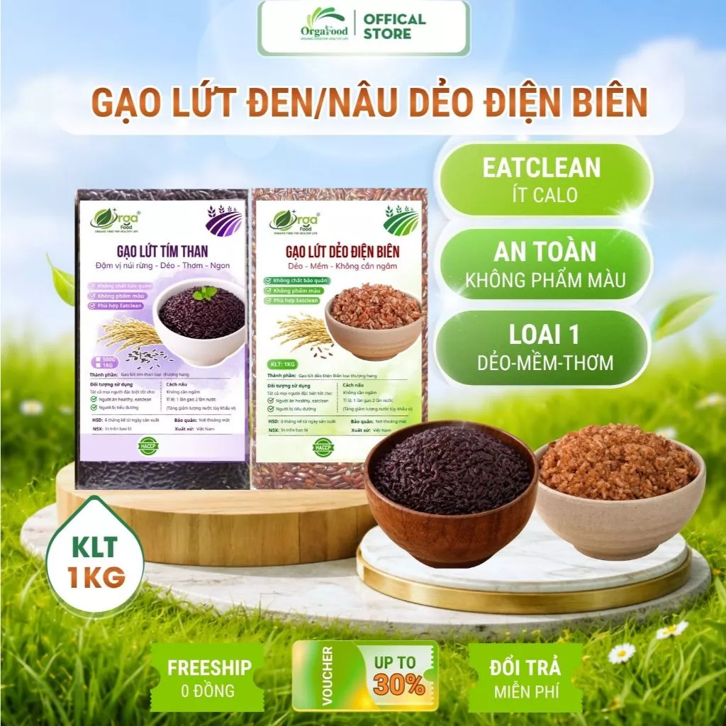 Gạo lứt tím than (đen) dẻo Điện Biên Orgafood hữu cơ 1kg Orgafood, gạo lức nâu dẻo, eatclean, cho người ăn kiêng