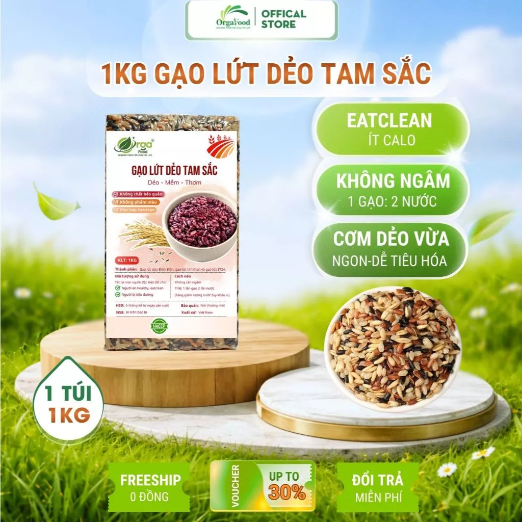 Gạo lứt dẻo tam sắc Điện Biên 1kg Orgafood (mix tím than/ nâu điện biên) gạo lức ăn kiêng giảm cân, không cần ngâm