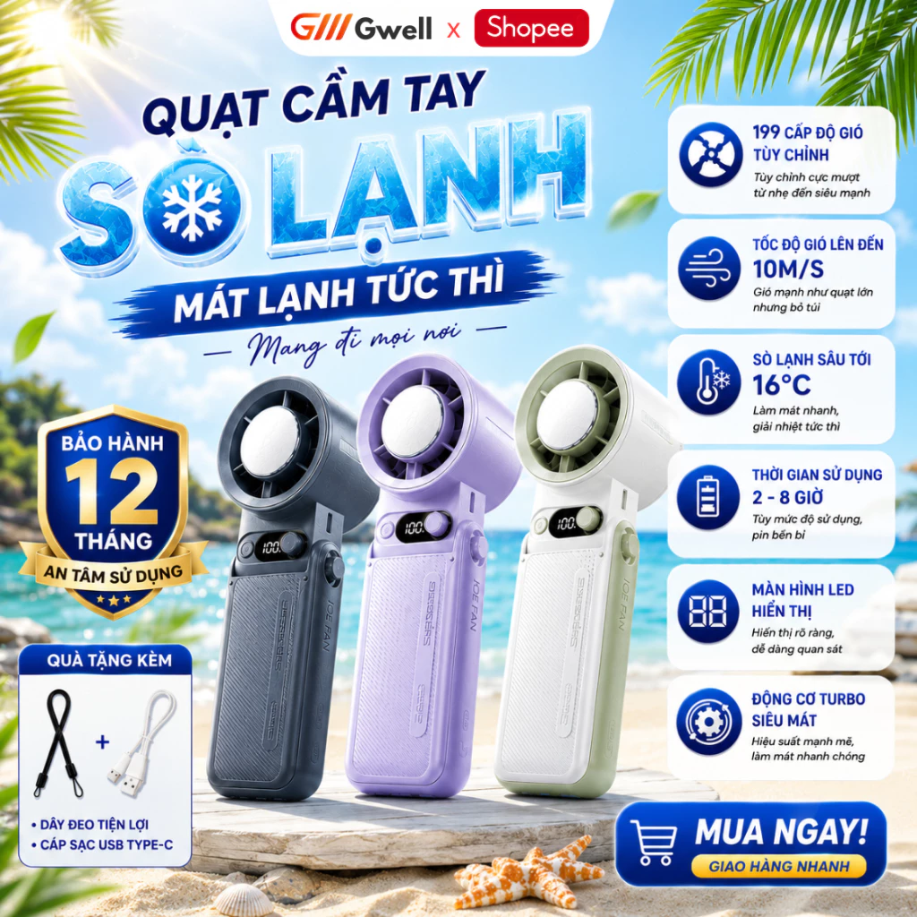 Quạt Cầm Tay Tích Điện Mini 199 Tốc Độ Gió Siêu Mạnh, Kết Hợp Sò Lạnh Xoay Gập 180°C Lạnh Tức Thì