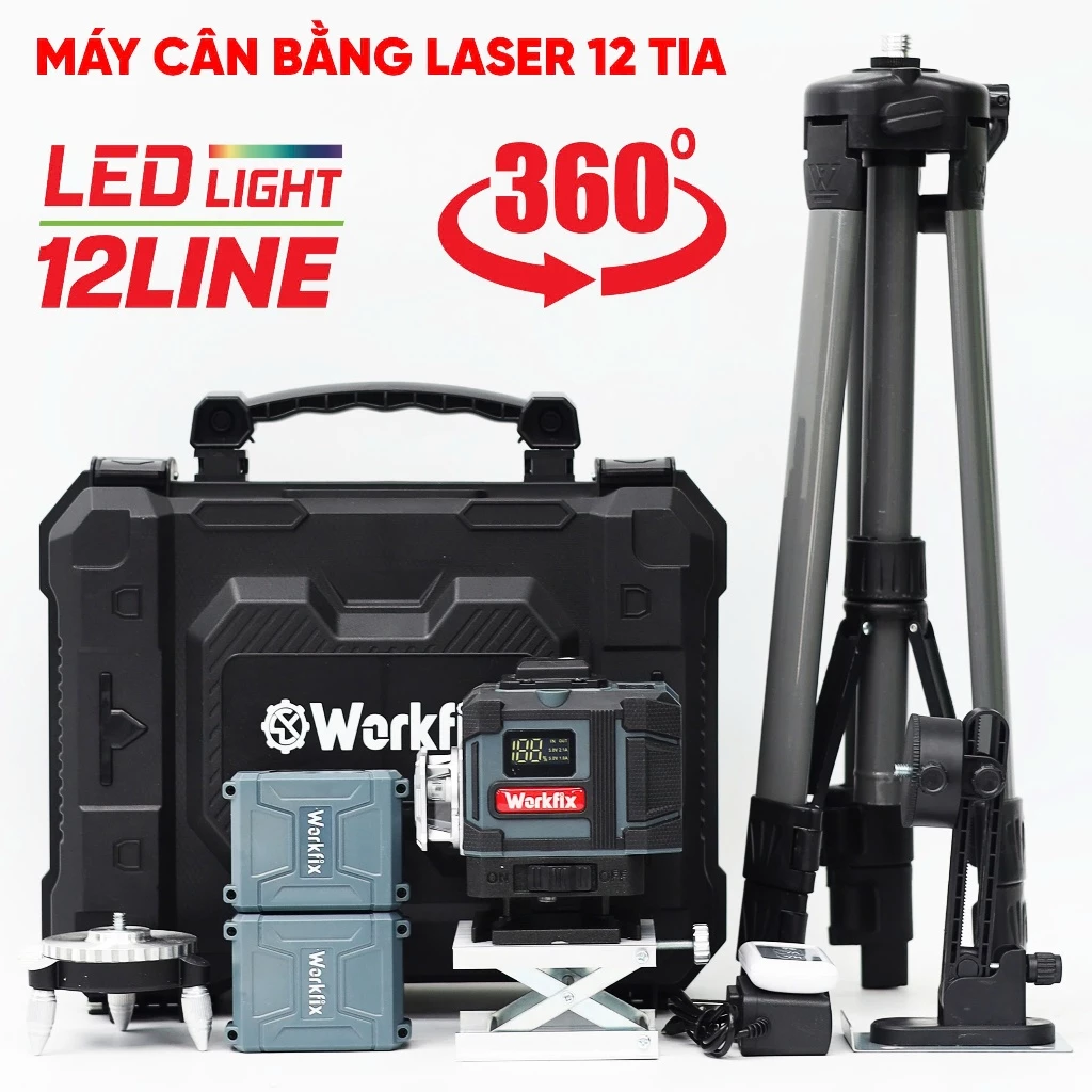 Máy cân bằng Laser 12 Line Workfix WF-LS12L Đo 50M Tự Cân Mực Bắn Cốt Chuẩn 2PIN - Máy bắn cốt tự động