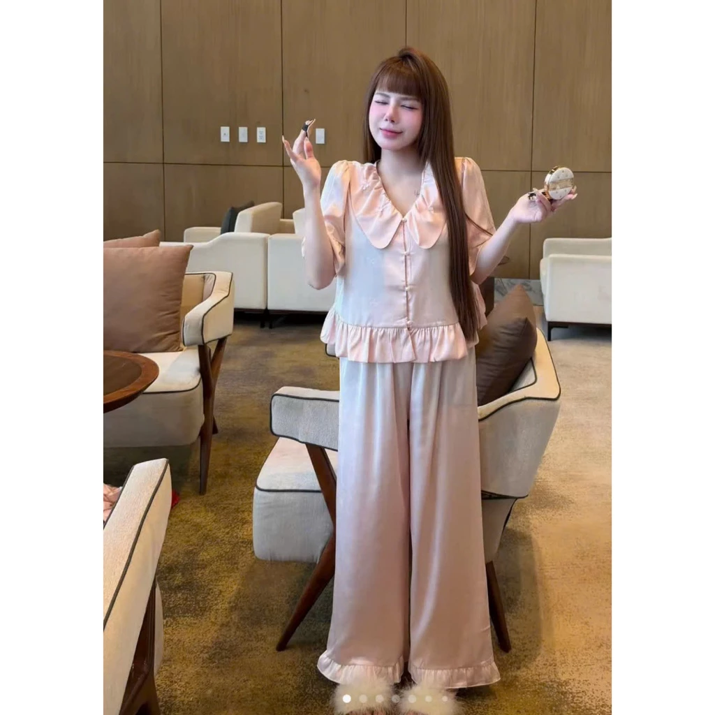 Bộ ngủ lụa gấm nơ nhí tay cộc quần dài phom áo ngắn xinh sắn (A015)