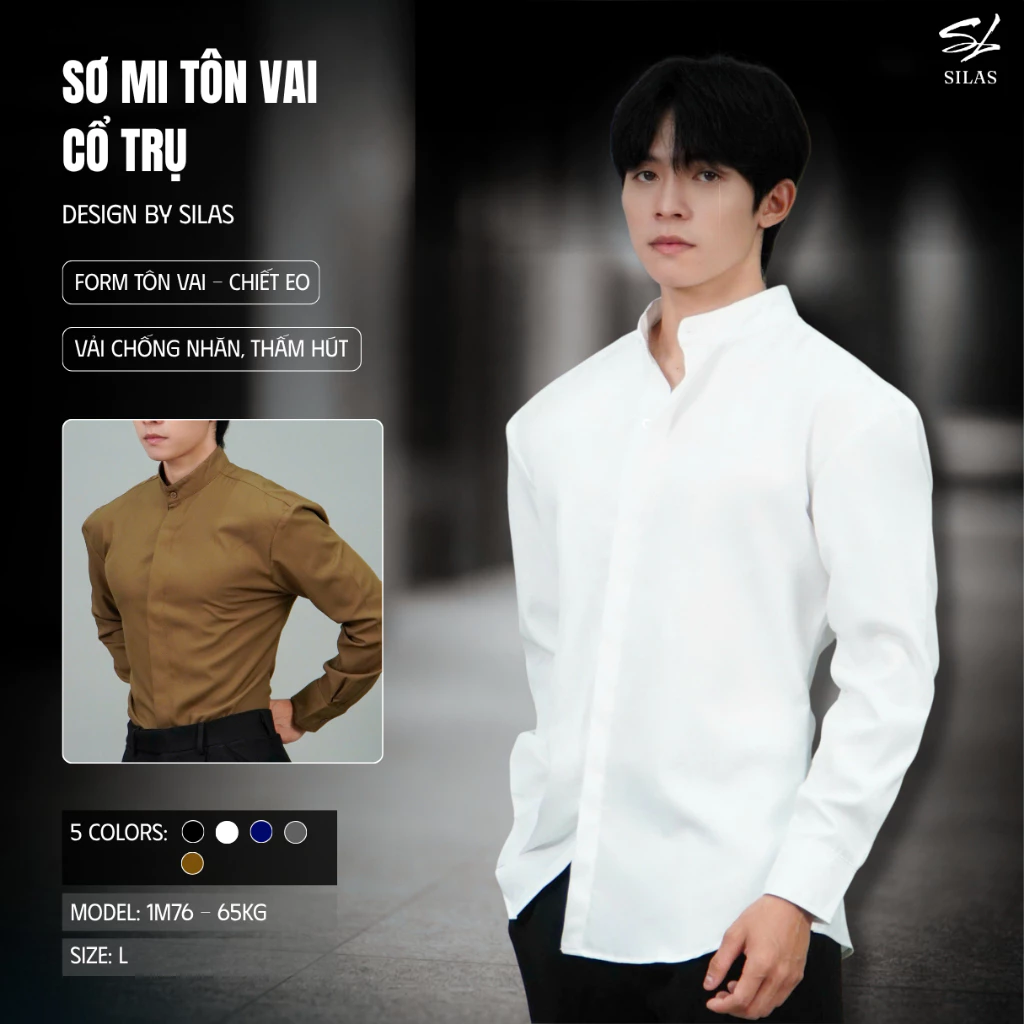 (Form Tôn Vai) Áo Sơ Mi SILAS Trơn Cổ Trụ Cotton Chéo Nam Giấu Nút Thoáng Mát Cổ Tròn Ôm Eo - ASL3