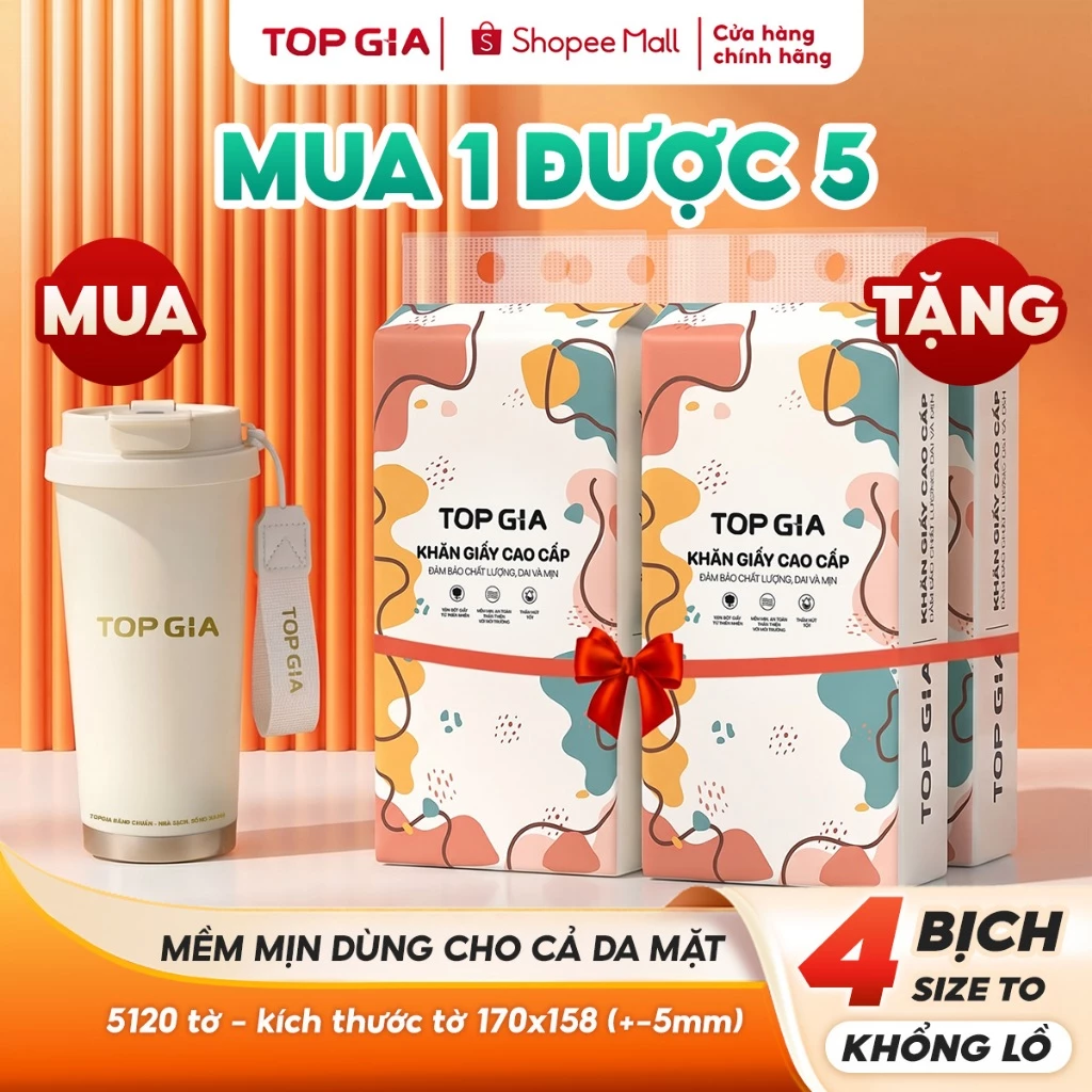 (MUA 1 NHẬN 5) Mua bình giữ nhiệt Topgia Tặng 4bịch khăn giấy rút đáy đa sắc size lớn 1280 tờ đanh dai