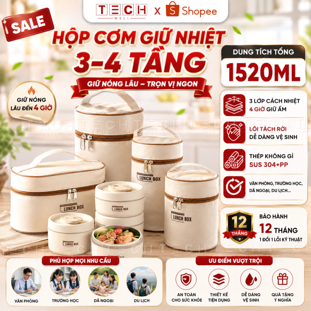 Hộp Đựng cơm giữ nhiệt 3 tầng đa năng Combo 3 Hộp Đựng Thức Ăn 2 Lớp Bằng Thép Không Gỉ 304