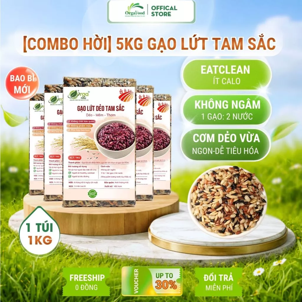 5kg Gạo lứt dẻo tam sắc Điện Biên Orgafood gạo lức ăn kiêng giảm cân, không cần ngâm
