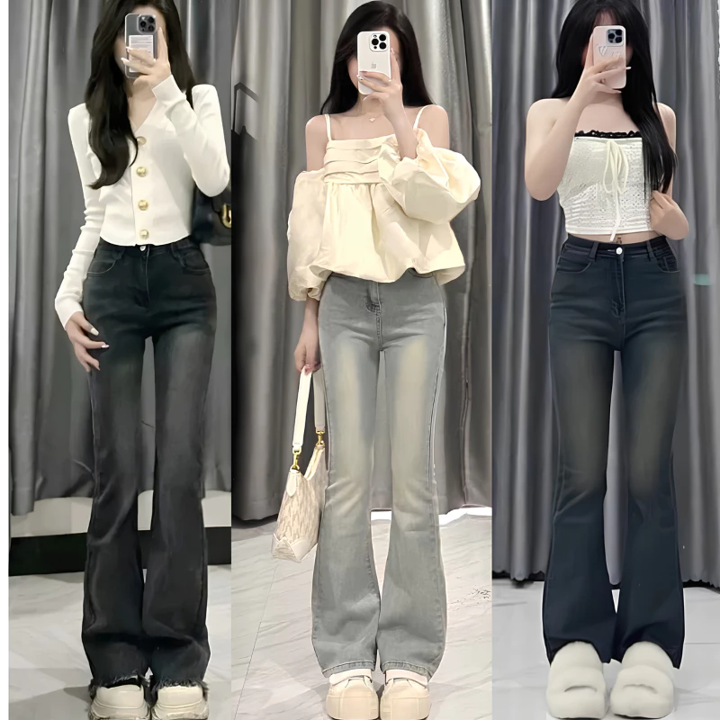 Quần Jean Nữ Ống Loe MIAA Cạp Cao Đứng Co Giãn Màu Xanh mài RETRO, Quần Bò Loe Đen Loang Dài Nữ Cạp Cao Cực Côn Cáng