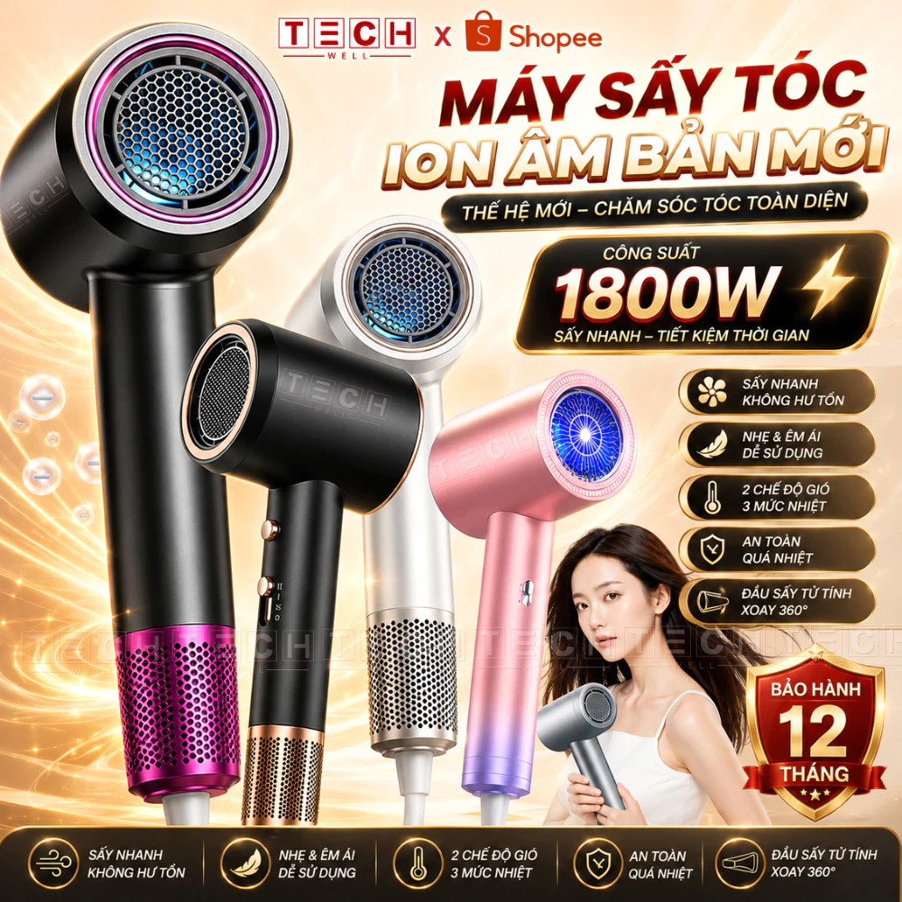 [Bản Mới] Máy Sấy Tóc Ion Công Suất 1800W Cấp Độ Gió Siêu Mạnh, 2 Cấp Độ Nhiệt Chăm Sóc Tạo Kiểu Tóc