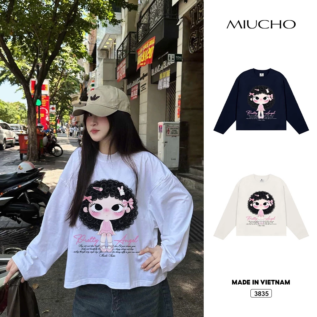 Áo thun nữ tay dài form boxy BST hoạt hình dễ thương Miucho style Hàn Quốc chất thoáng mát