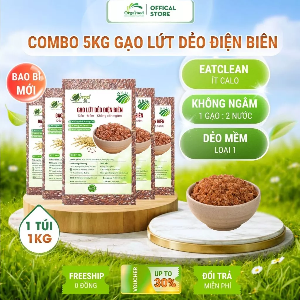 5Kg Gạo lứt dẻo Điện Biên Orgafood EAT CLEAN healthy giảm cân cho người ăn kiêng túi hút chân không (gạo nâu)
