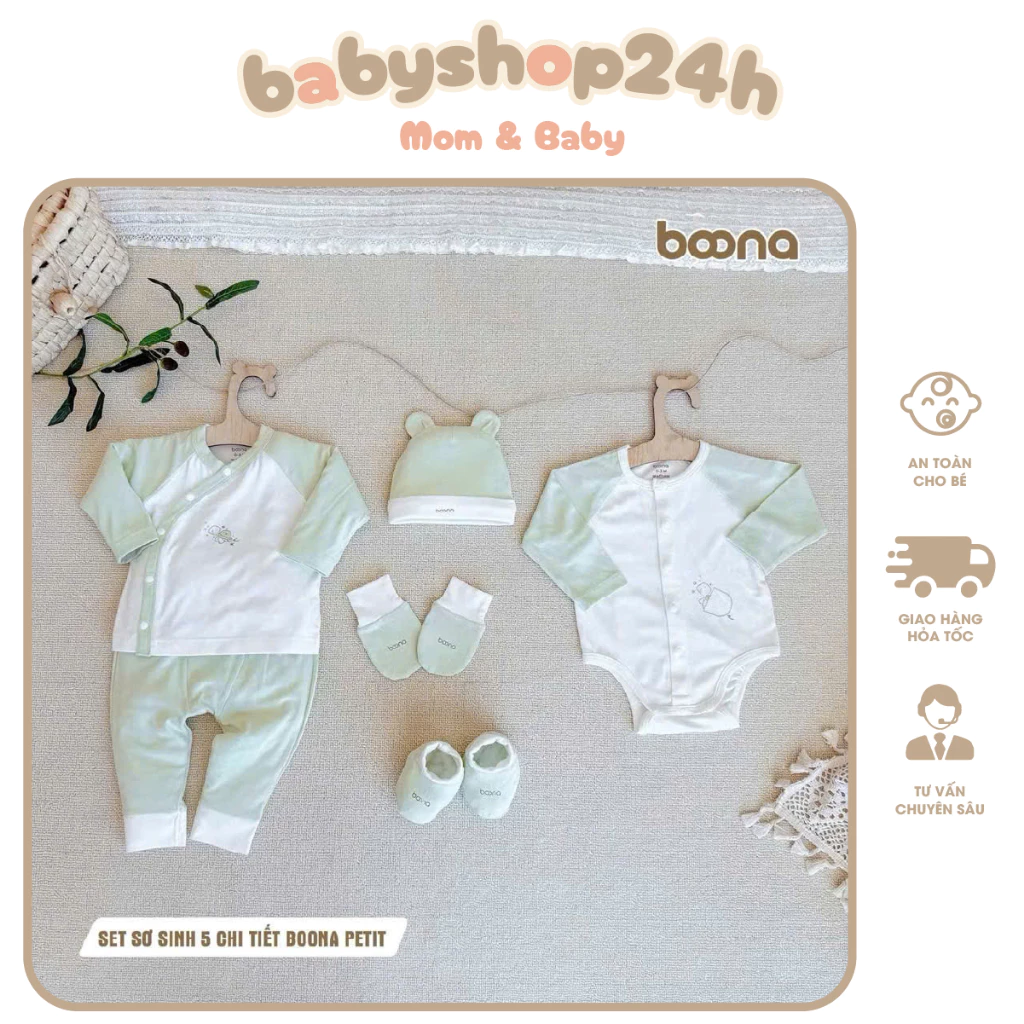 Combo 5 Món Sơ Sinh Boona  Pettit :Bộ Quần Áo + Body Chip Dài Tay  +  Mũ Bao Chân Tay Cho Bé Chất Liệu Pettit Size 0-3 M