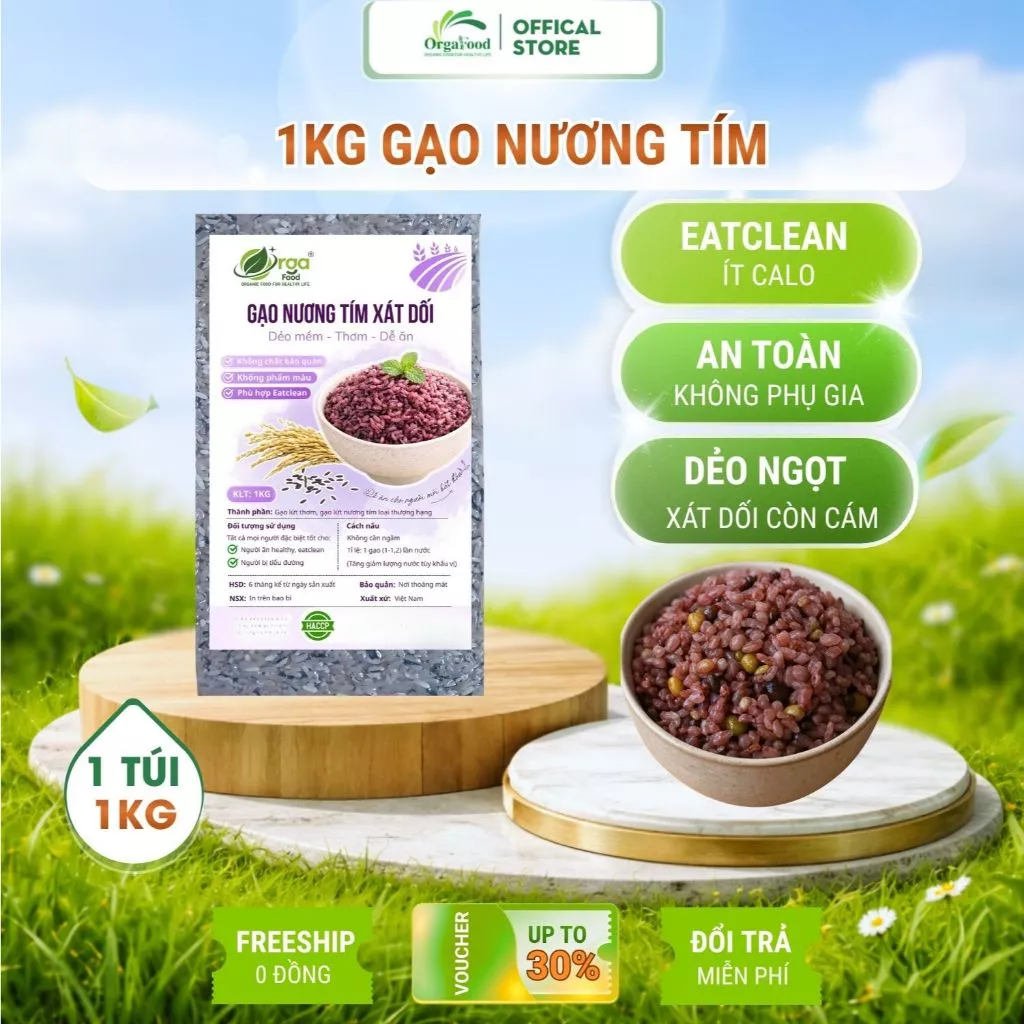 Gạo nương tím xát dối Orgafood túi 1kg hút chân không, ăn kiêng, ăn chay, thực dưỡng, cho người tiểu đường