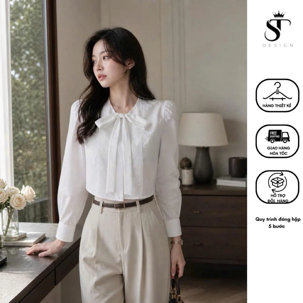 Áo sơ mi nữ dáng ngắn tay dài phối cổ nơ sang trọng, thanh lịch phù hợp đi học, đi làm - ST Design - k80