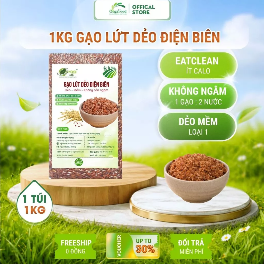 Gạo lứt dẻo Điện Biên Orgafood 1Kg EAT CLEAN healthy giảm cân cho người ăn kiêng túi hút chân không (gạo nâu)