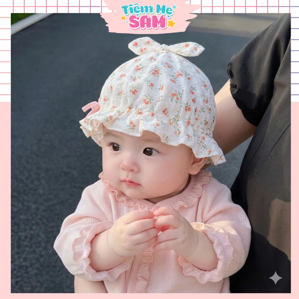 Mũ sơ sinh che nắng họa tiết hoa lưới xinh cho bé 0-4 tháng, Mũ lưới xô thoáng mát cho bé, có dây điều chỉnh (MUG51)