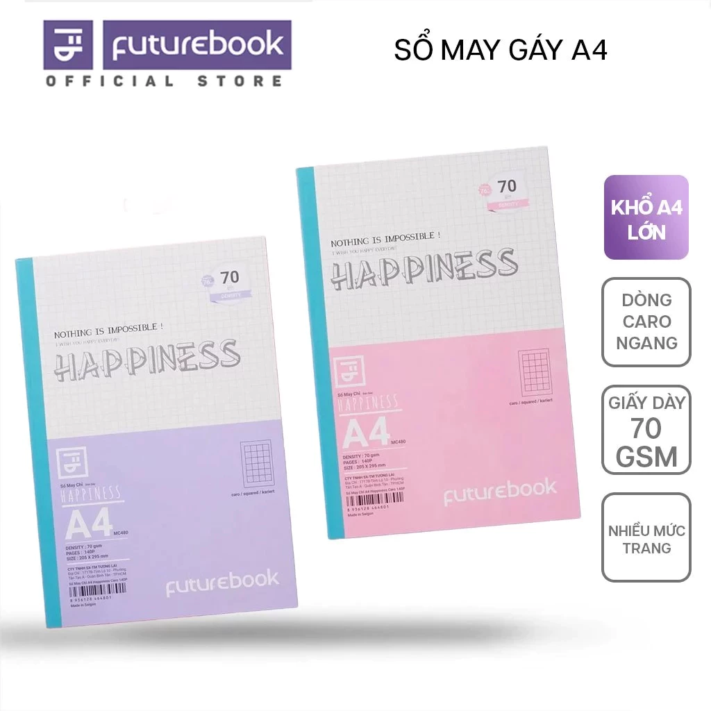 Sổ Caro/Kẻ Ngang - Vở May Chỉ A4 Happiness 140/200/300 trang 70gsm FUTUREBOOK