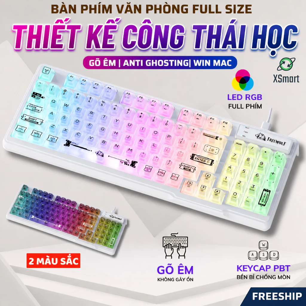 Bàn Phím Văn Phòng Có Dây FreeWolf M95 LED RGB, Keycap Trong Suốt, Gõ Êm Giảm Ồn, Full Size, Win Mac