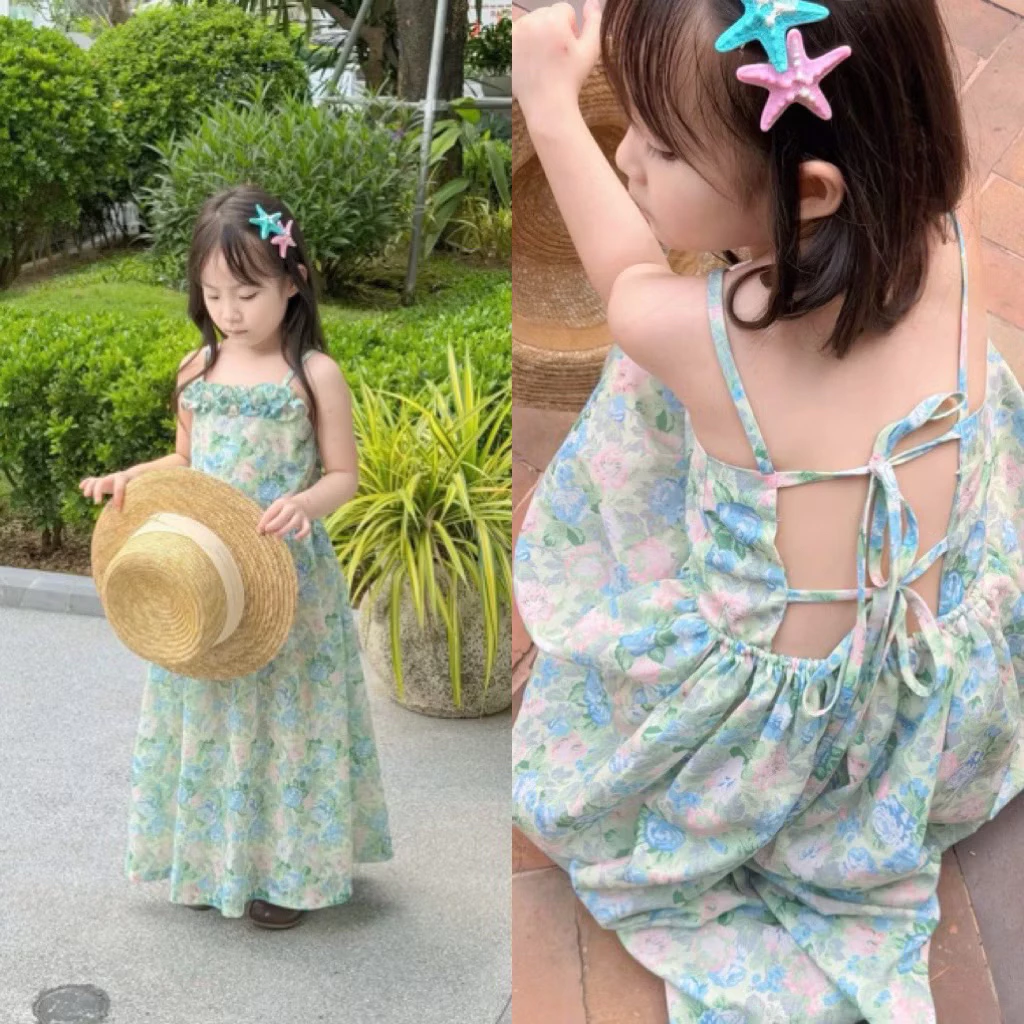 (Hot ) T2 maxi 2 dây hoa xanh dây lưng xinh xắn cho bé gái diện đi chơi ,đi biển (9-35kg)