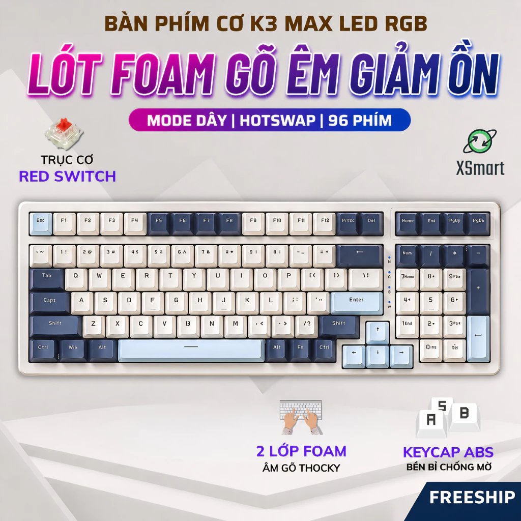 Bàn Phím Cơ Gaming K3 Max Led 20 Chế Độ Trục Cơ Red Switch Có Hotswap Lót Foam Cách Âm Gõ Siêu Êm