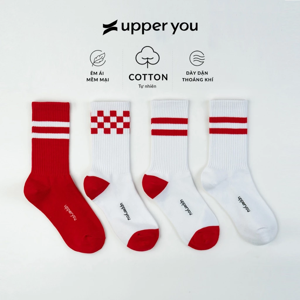 Tất Vớ Cotton Nam Nữ UPPER YOU Gân Trơn Cổ Cao Đỏ Trắng Kẻ Sọc Dày Dặn Êm Ái Extra Soft - BSF4002