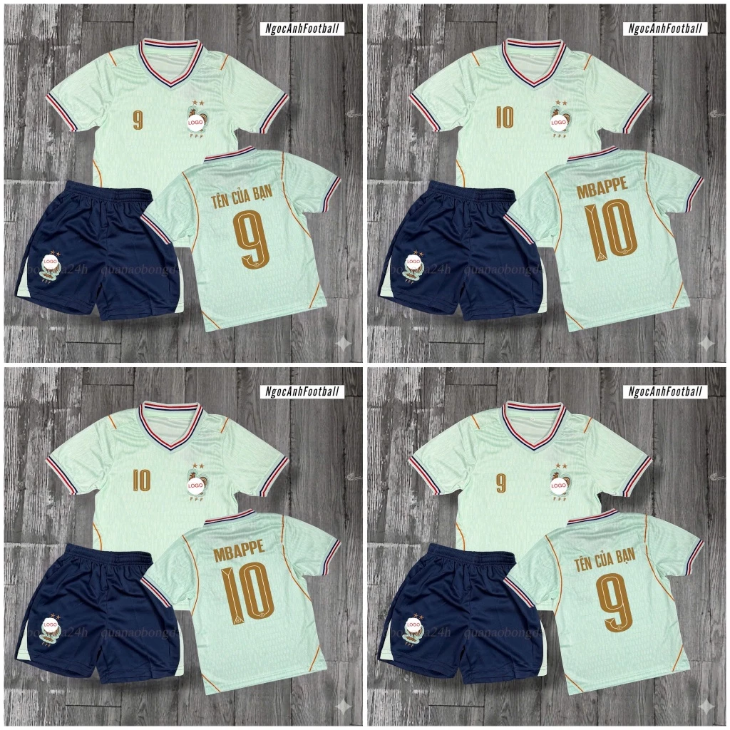 Bộ Quần Áo Bóng Đá Trẻ Em Đội Tuyển Pháp World Cup 2026 Màu Xanh Ngọc _ Vải Mè Thái Logo Thêu